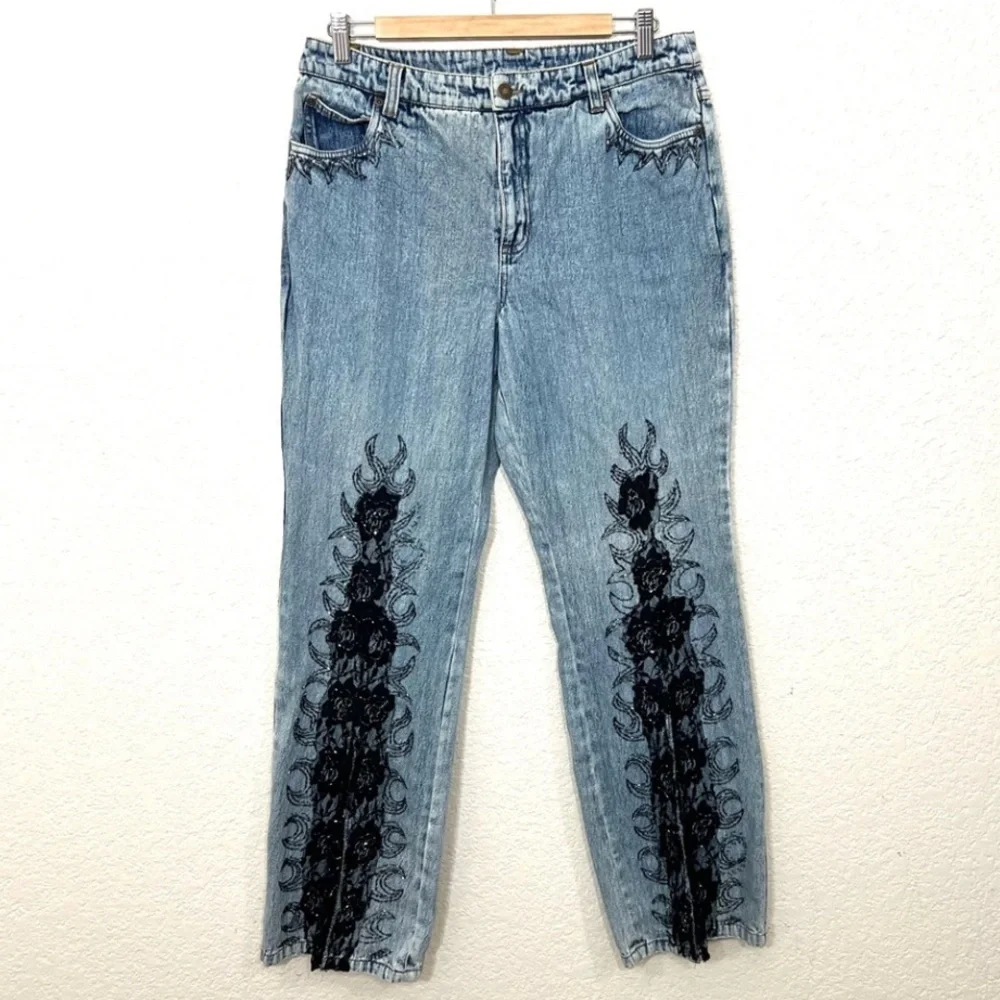 Vintage Y2K Jeanology Jeans Flare Black Lace Size 12